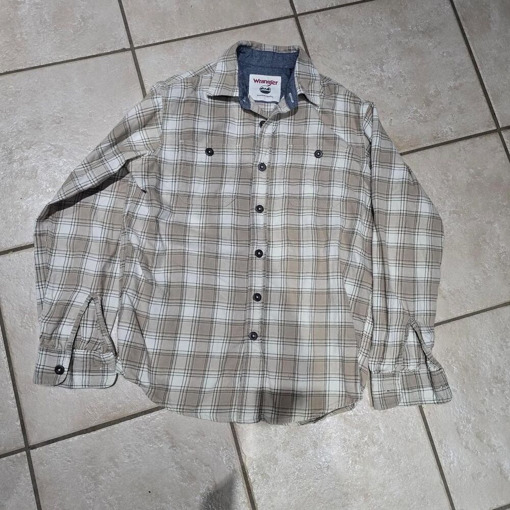 Wrangler Men's Cream and Tan Shirt Button up Flannel SIZE SMALL